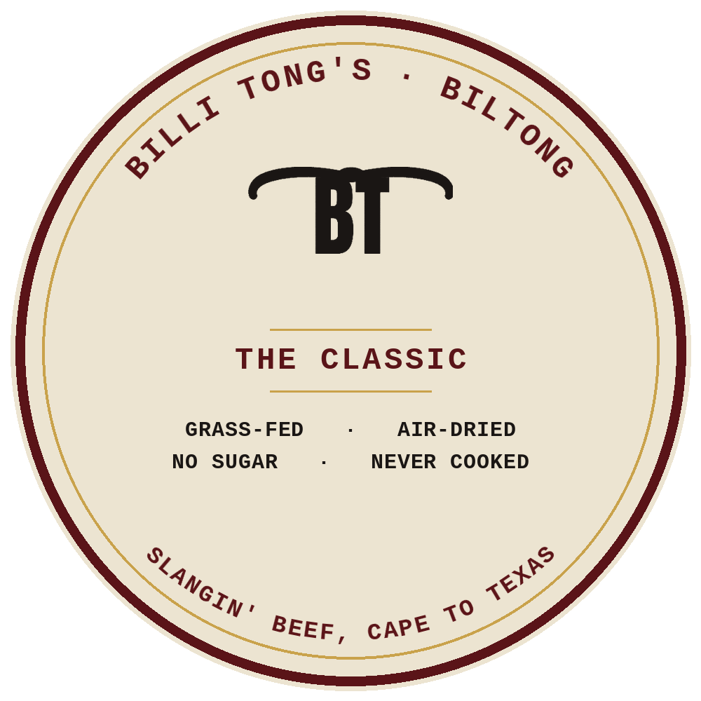 The Classic — Billi Tong's grass-fed air-dried beef biltong seal: no sugar, never cooked, Austin TX