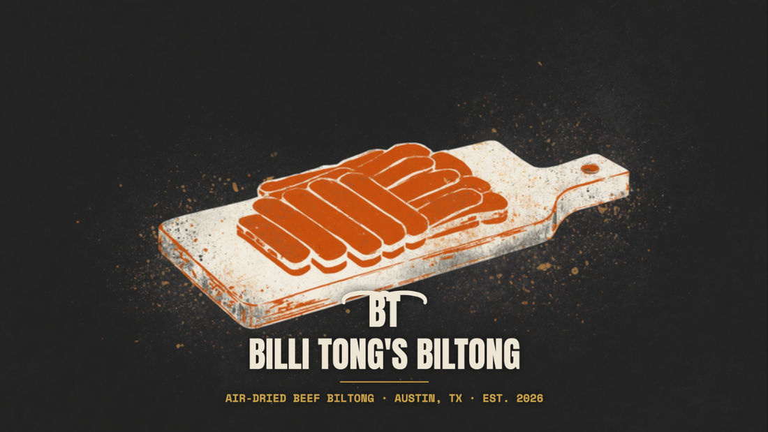 Banksy-style stencil of sliced biltong on a board with the Billi Tong's Biltong logo - biltong vs jerky