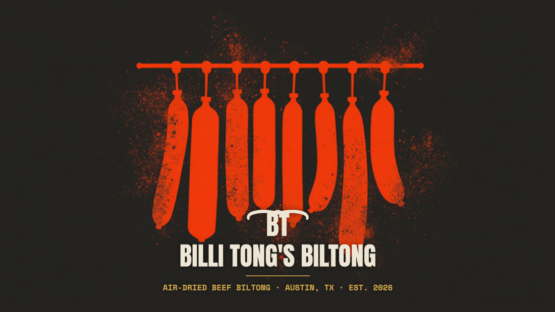 Banksy-style hanging cured sausages stencil with the Billi Tong's Biltong logo - dry-cured sausage 101