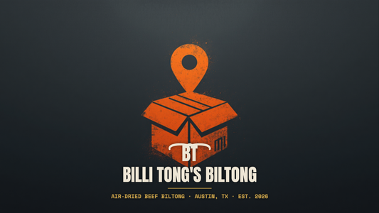 Banksy-style shipping parcel and map pin stencil with the Billi Tong's Biltong logo - buy biltong online