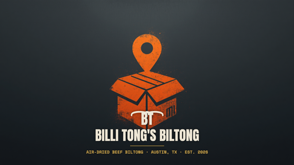 Banksy-style shipping parcel and map pin stencil with the Billi Tong's Biltong logo - buy biltong online