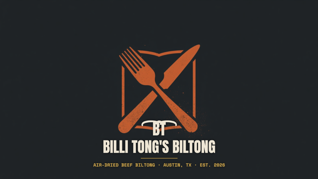 Banksy-style fork knife and menu stencil with the Billi Tong's Biltong logo - biltong on your Austin restaurant menu