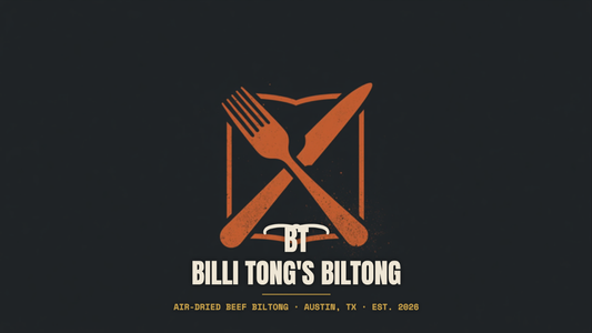 Banksy-style fork knife and menu stencil with the Billi Tong's Biltong logo - biltong on your Austin restaurant menu