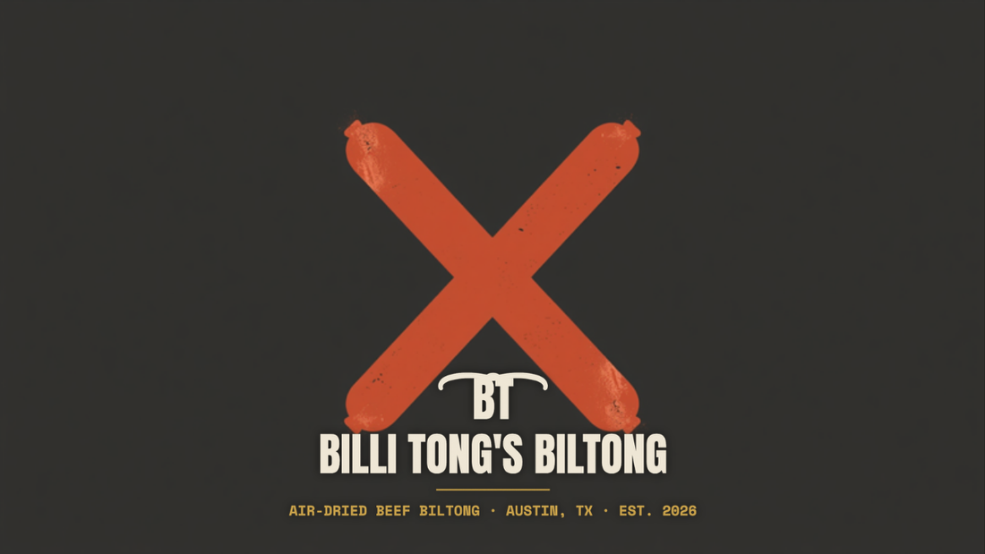 Banksy-style two crossed sausage sticks stencil with the Billi Tong's Biltong logo - droewors vs beef sticks