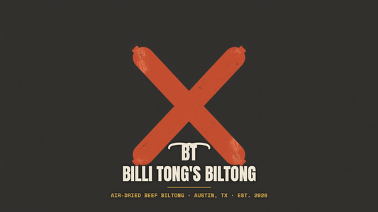 Banksy-style two crossed sausage sticks stencil with the Billi Tong's Biltong logo - droewors vs beef sticks
