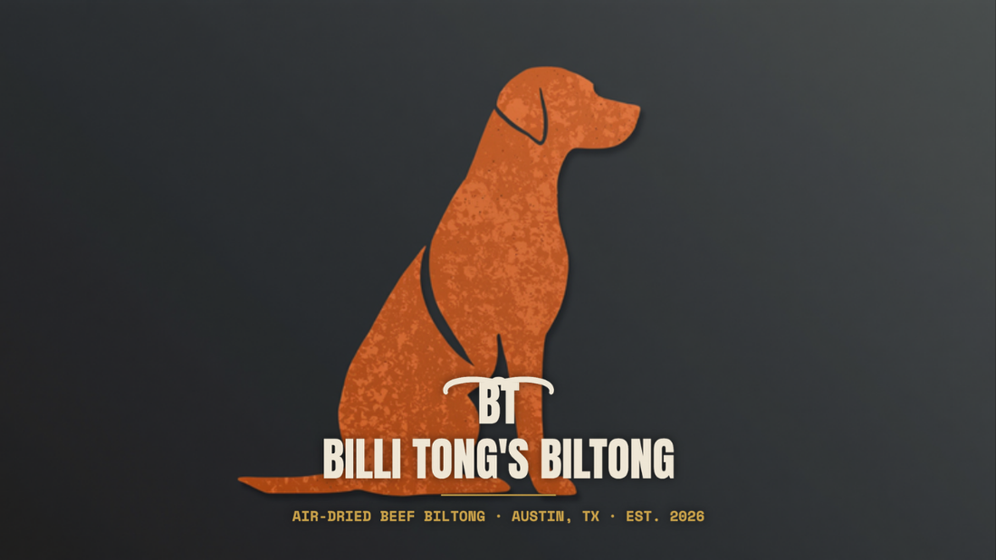 Banksy-style sitting dog silhouette stencil with the Billi Tong's Biltong logo - can dogs eat biltong