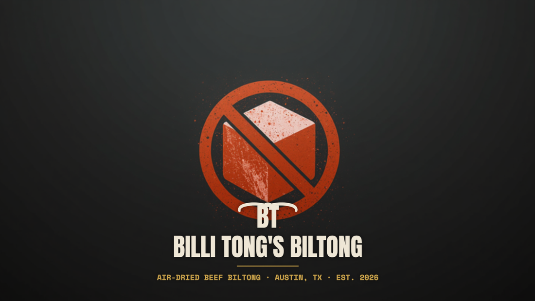 Banksy-style crossed-out sugar cube stencil with the Billi Tong's Biltong logo - low-sodium sugar-free biltong