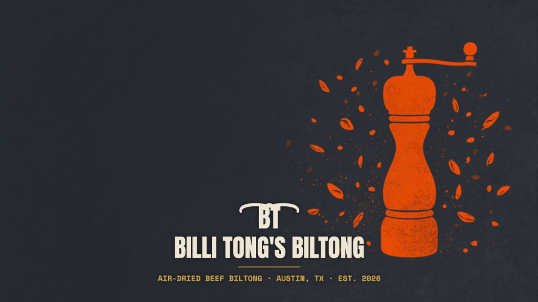 Banksy-style pepper mill and coriander stencil with the Billi Tong's Biltong logo - traditional biltong recipe