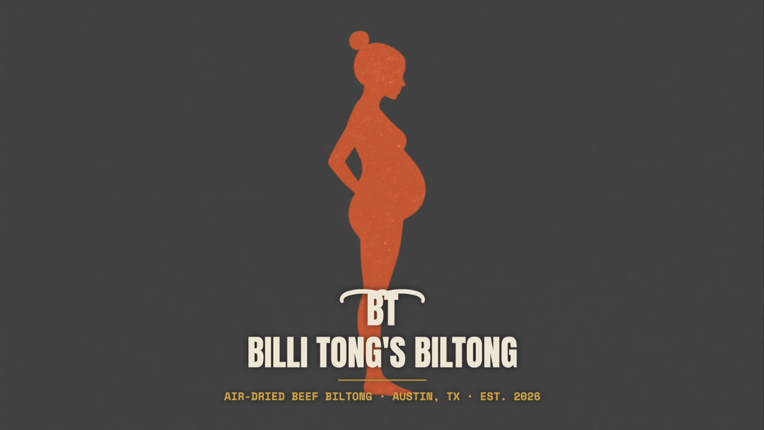 Banksy-style pregnant woman silhouette stencil with the Billi Tong's Biltong logo - biltong pregnancy safety
