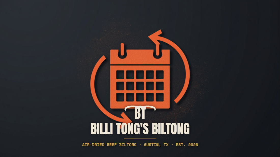 Banksy-style calendar with recurring arrows stencil with the Billi Tong's Biltong logo - biltong subscription