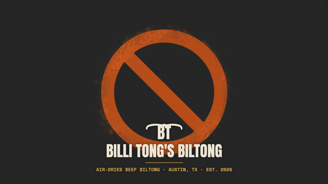 Banksy-style prohibition no-entry sign stencil with the Billi Tong's Biltong logo - why is biltong illegal in the US