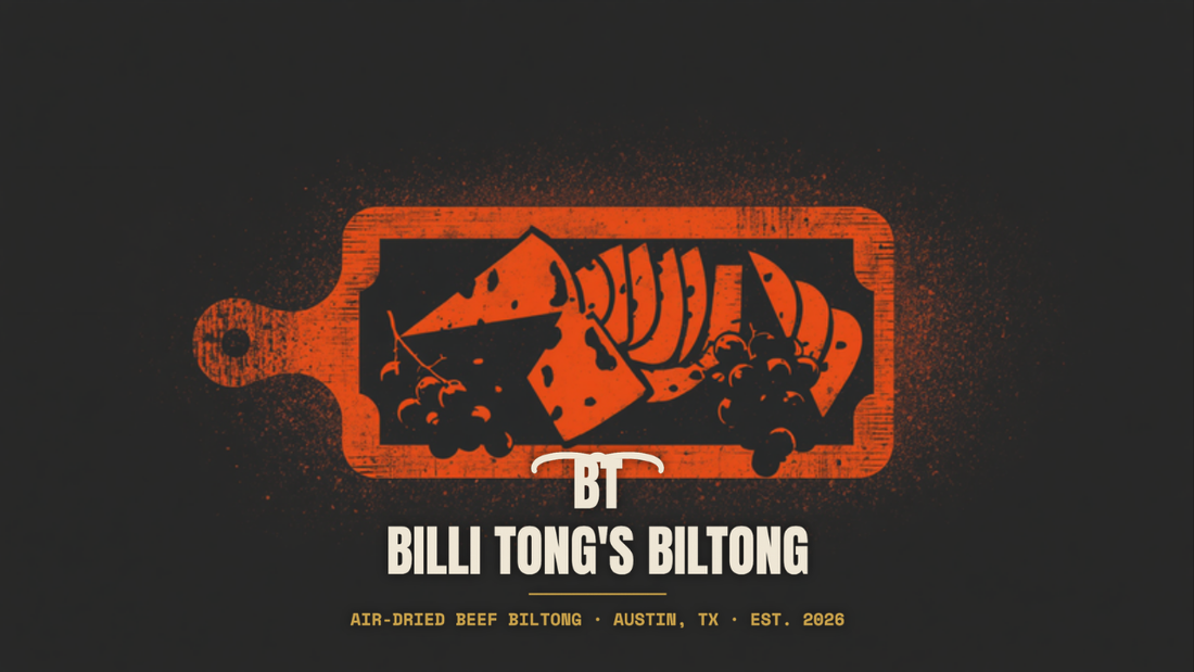 Banksy-style charcuterie board stencil with the Billi Tong's Biltong logo - biltong charcuterie board