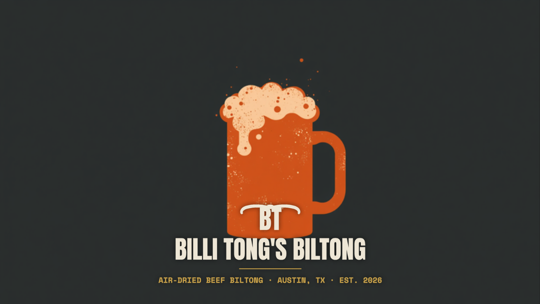 Banksy-style beer mug stencil with the Billi Tong's Biltong logo - biltong bar snack wholesale Austin