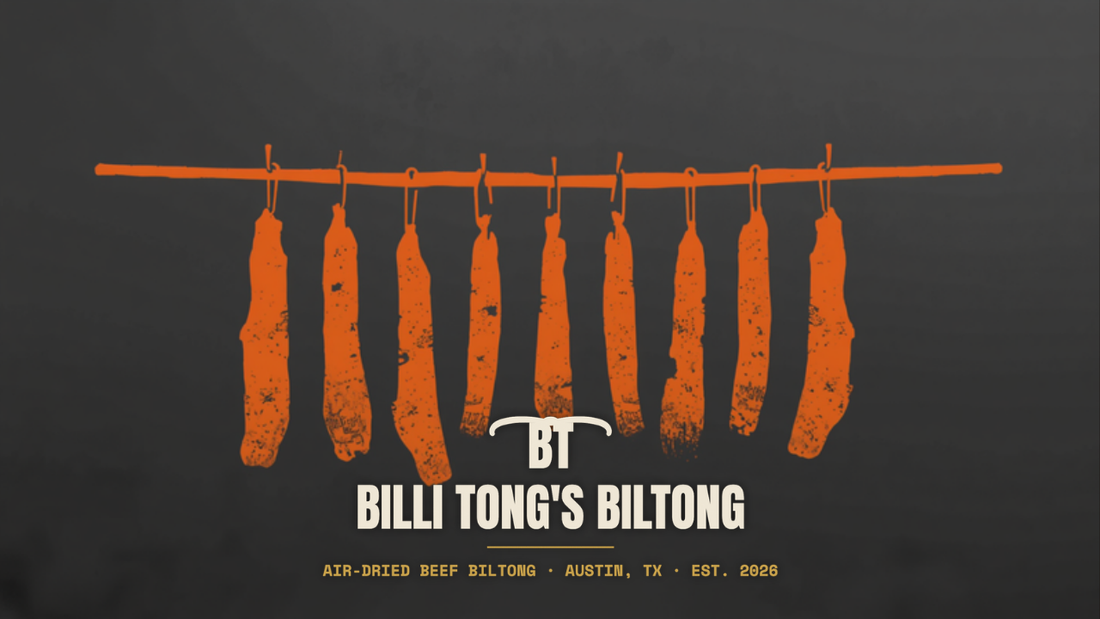 Banksy-style stencil of biltong strips hanging to air-dry with the Billi Tong's Biltong logo - how biltong is made