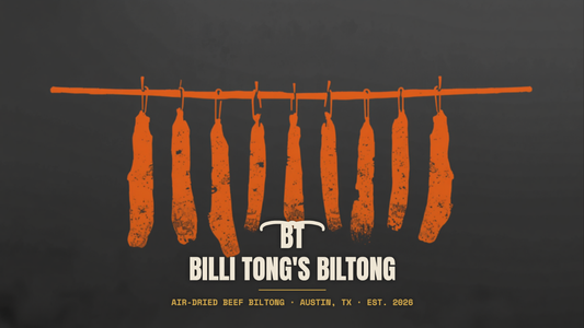 Banksy-style stencil of biltong strips hanging to air-dry with the Billi Tong's Biltong logo - how biltong is made