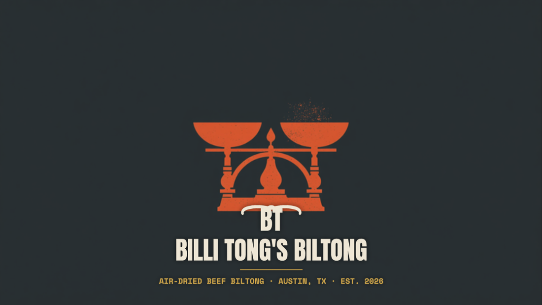 Banksy-style balance scale stencil with the Billi Tong's Biltong logo - how much biltong per person