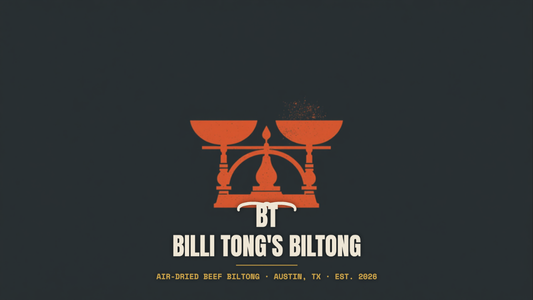 Banksy-style balance scale stencil with the Billi Tong's Biltong logo - how much biltong per person