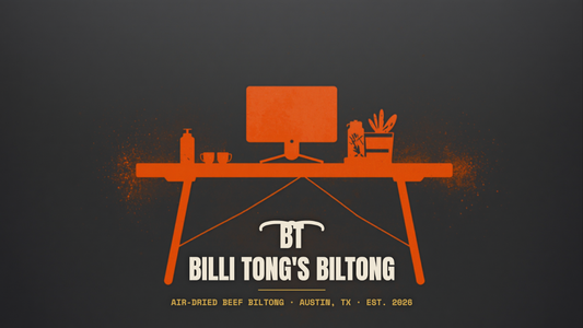 Banksy-style office desk stencil with the Billi Tong's Biltong logo - healthy office snacks Austin
