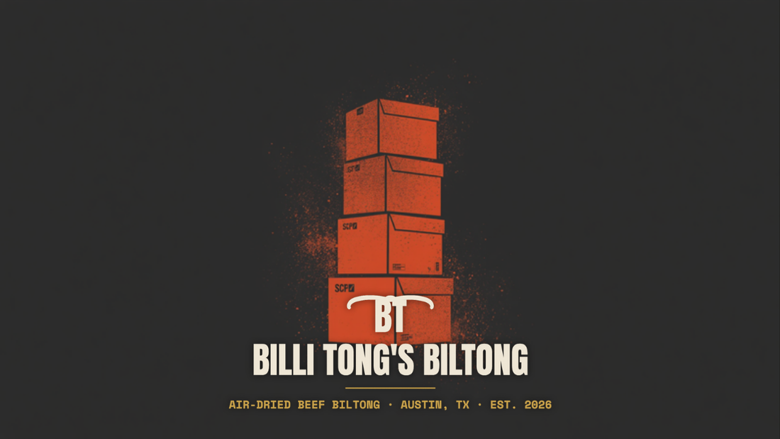 Banksy-style stacked bulk boxes stencil with the Billi Tong's Biltong logo - Brooklyn Biltong at Costco