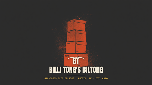 Banksy-style stacked bulk boxes stencil with the Billi Tong's Biltong logo - Brooklyn Biltong at Costco
