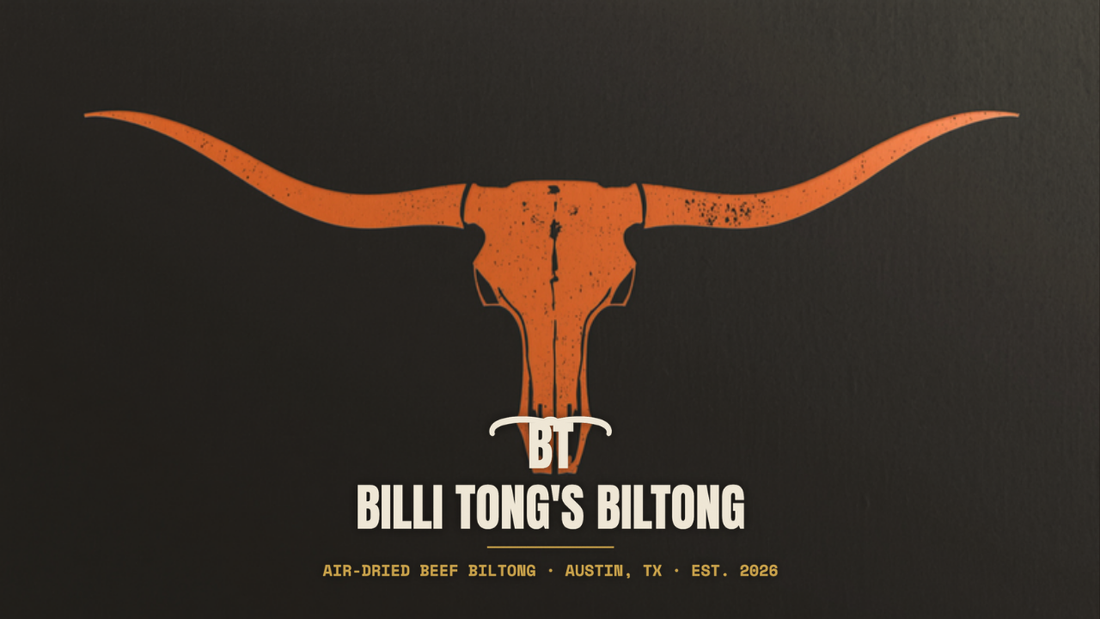 Banksy-style Texas longhorn skull stencil with the Billi Tong's Biltong logo - biltong in Austin TX