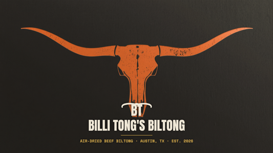 Banksy-style Texas longhorn skull stencil with the Billi Tong's Biltong logo - biltong in Austin TX