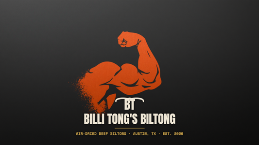 Banksy-style flexed muscular arm stencil with the Billi Tong's Biltong logo - employee wellness snacks