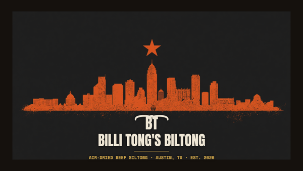 Banksy-style Austin skyline stencil with lone star and the Billi Tong's Biltong logo - best biltong in Austin
