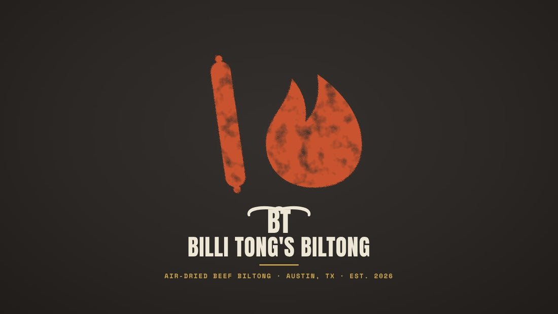 Banksy-style beef stick and flame stencil with the Billi Tong's Biltong logo - beef stick calories