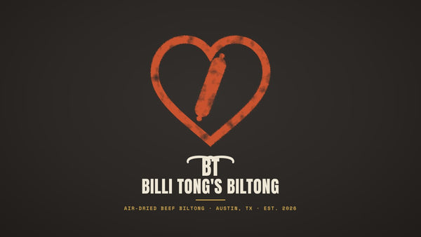 Banksy-style beef stick inside a heart stencil with the Billi Tong's Biltong logo - healthy beef sticks
