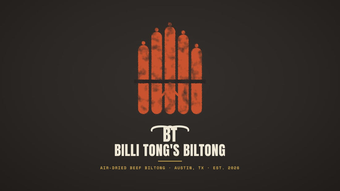 Banksy-style bundle of tied meat sticks stencil with the Billi Tong's Biltong logo - South African meat sticks