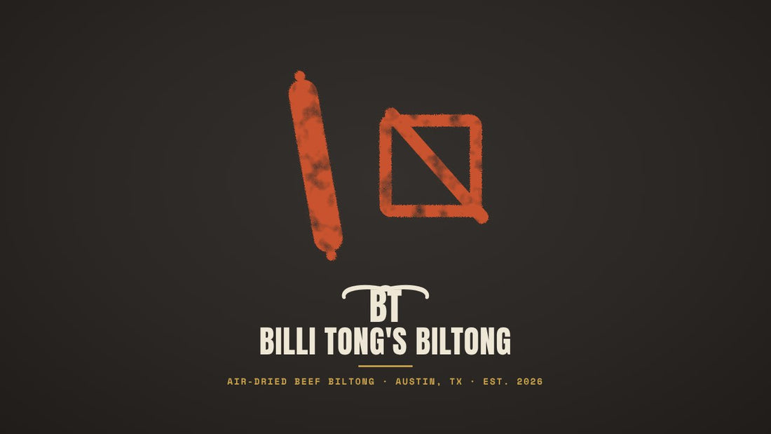 Banksy-style beef stick and crossed-out sugar cube stencil with the Billi Tong's Biltong logo - sugar-free meat sticks