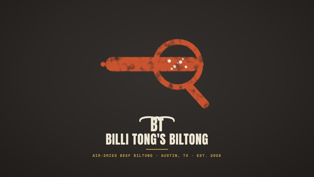 Banksy-style beef stick under a magnifying glass stencil with the Billi Tong's Biltong logo - white stuff on beef sticks