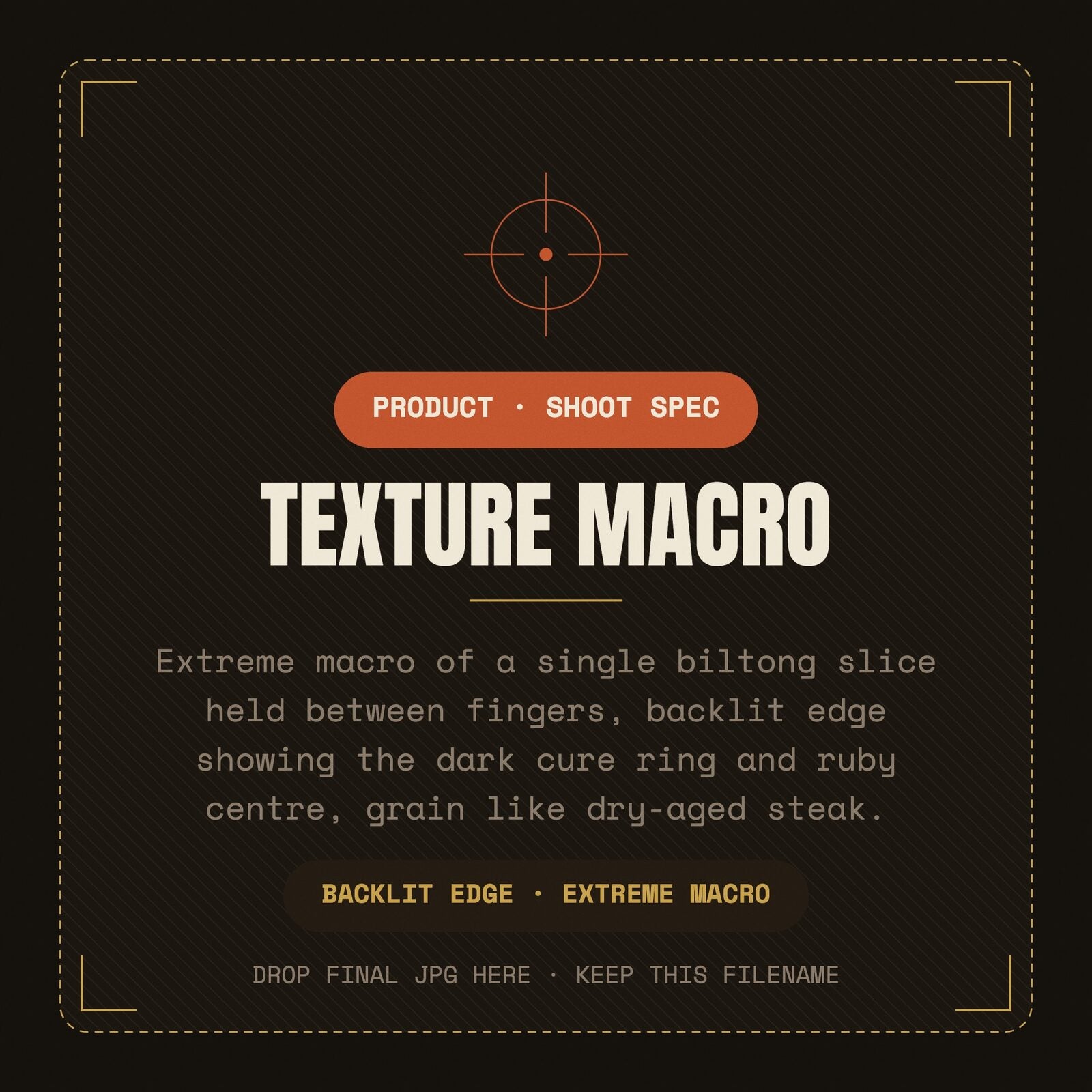 Beef biltong texture close-up — tender whole-muscle slices, air-dried 4 days