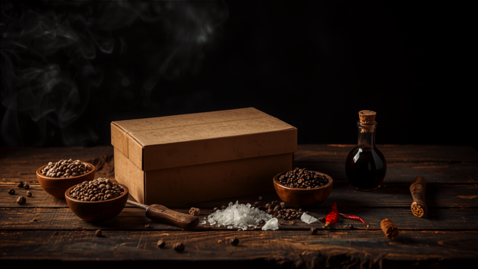 Dark moody still life of a kraft box with spice bowls, vinegar and smoke on weathered wood