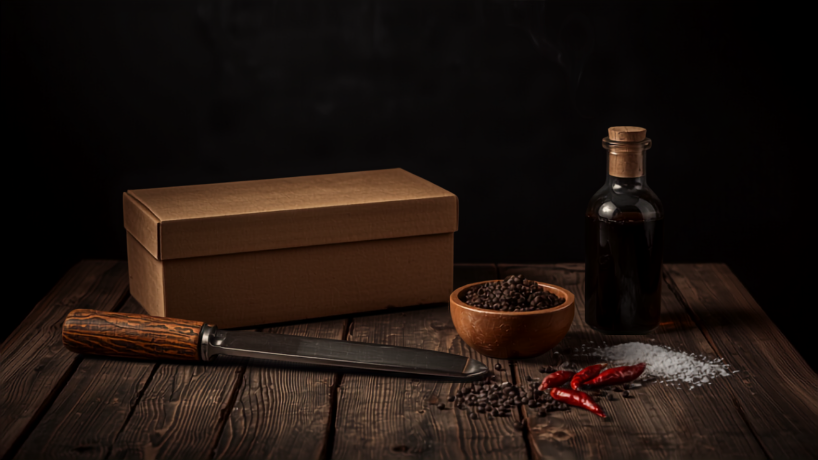 Dark moody still life of a kraft box, biltong knife, coriander, peppercorns, dried chilli and vinegar on weathered wood