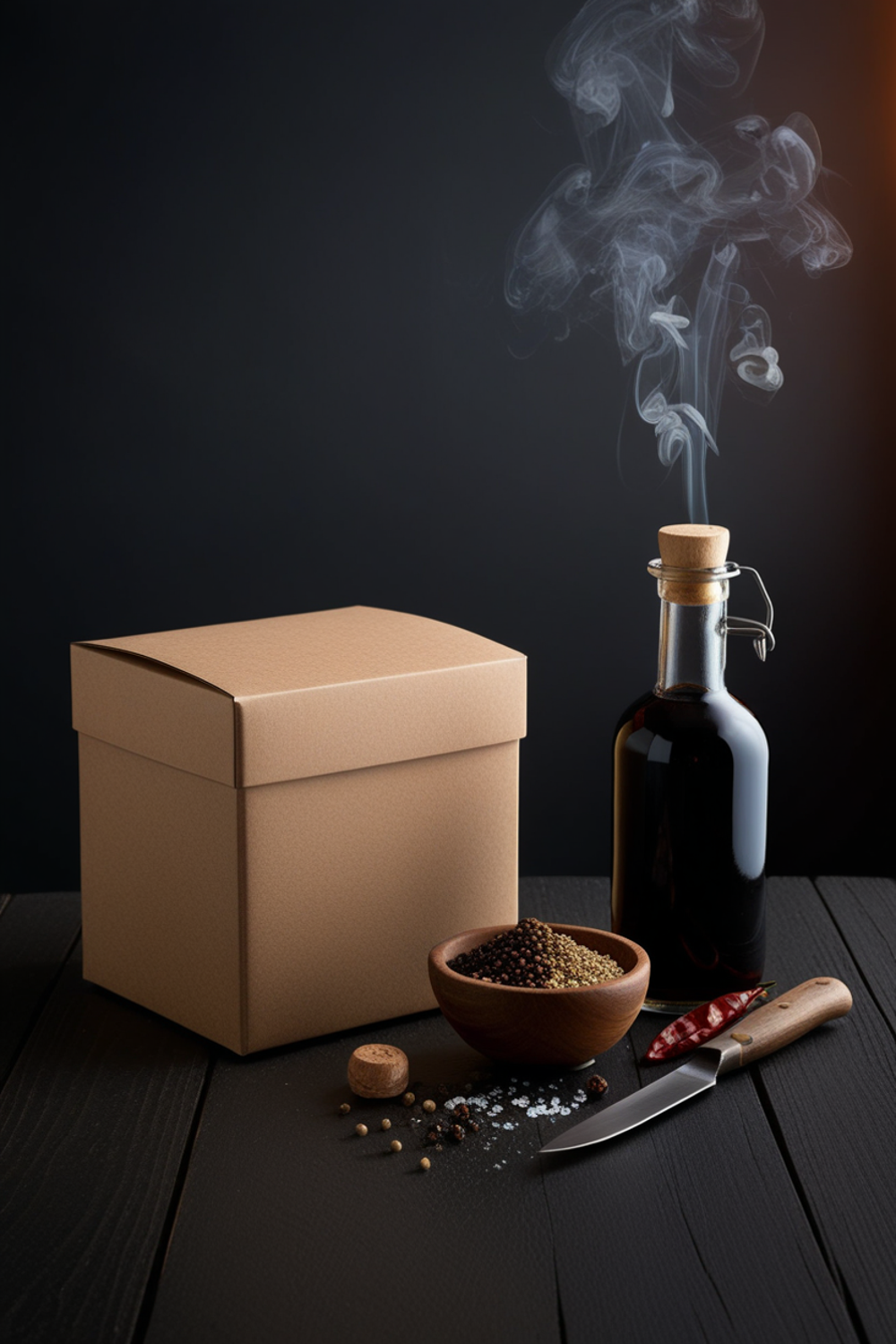 Dark moody vertical still life of a kraft box, spice bowl, vinegar bottle with smoke and a knife on weathered wood