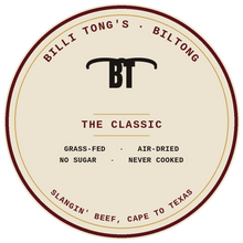 The Classic — Billi Tong's grass-fed air-dried beef biltong seal: no sugar, never cooked, Austin TX