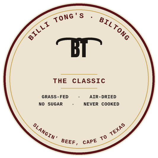The Classic — Billi Tong's grass-fed air-dried beef biltong seal: no sugar, never cooked, Austin TX