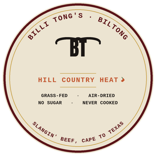 Hill Country Heat — Billi Tong's Biltong round seal: grass-fed, air-dried, no sugar, never cooked