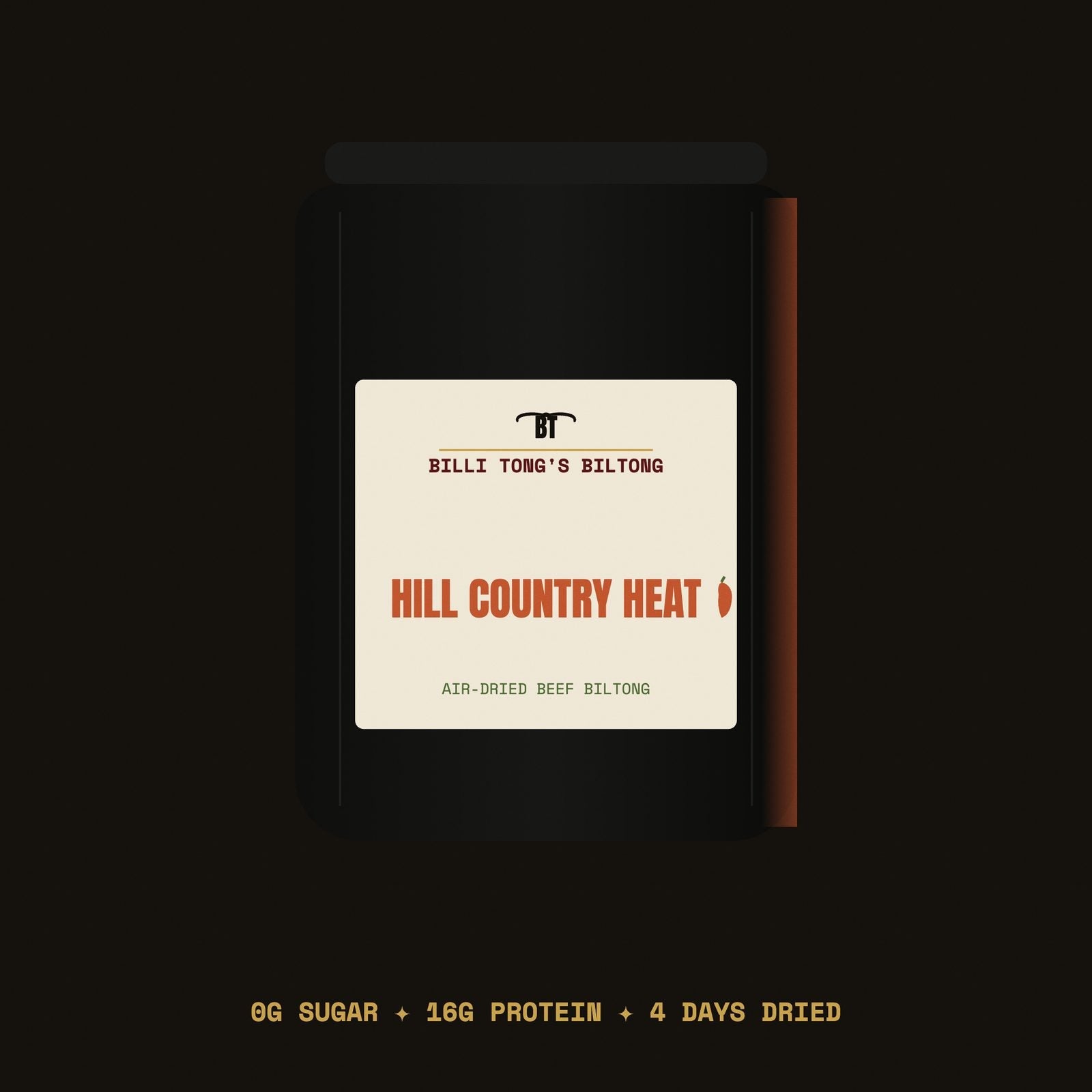 Hill Country Heat — spicy chilli beef biltong pouch by Billi Tong's, Austin TX