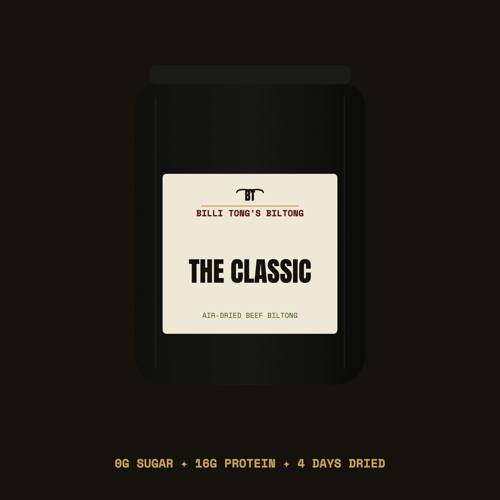 The Classic — Billi Tong's grass-fed air-dried beef biltong pouch, 0g sugar, protein-packed, Austin TX