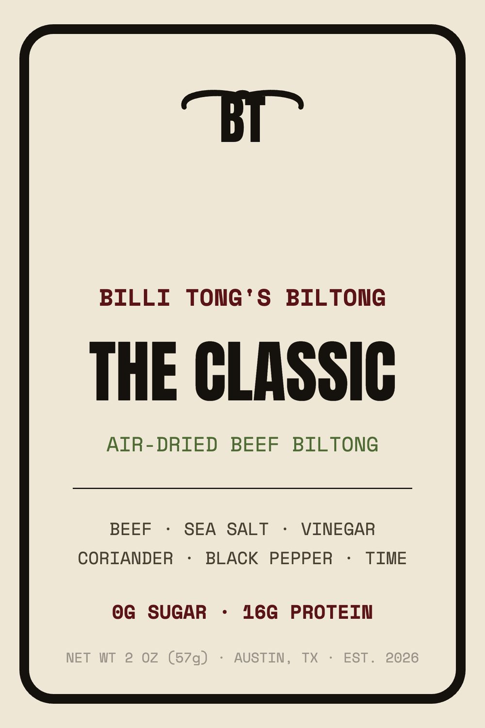 The Classic beef biltong 2 oz pouch label showing the ingredient list and 0g sugar callout